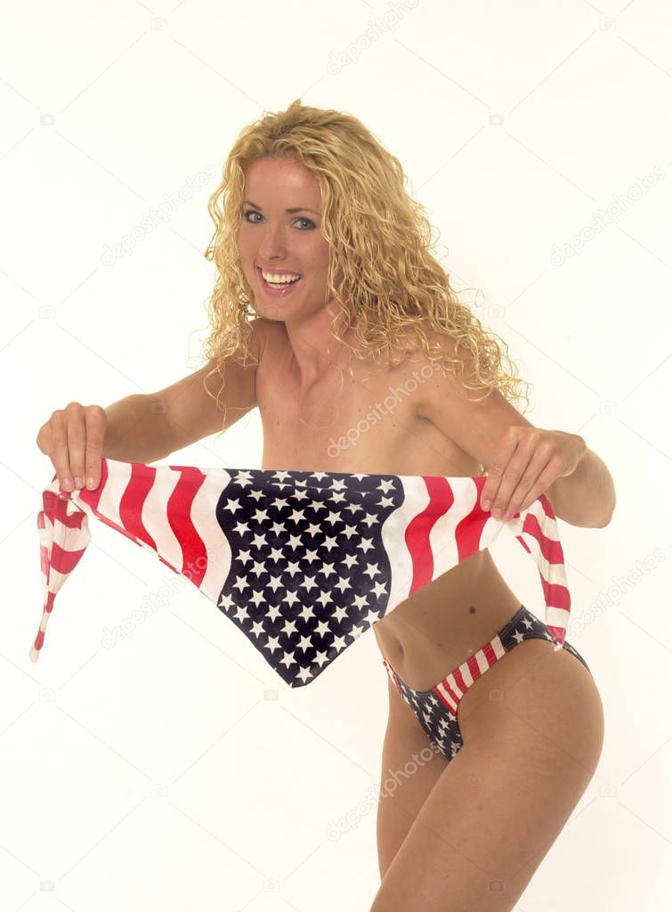 Red white and blue American flag skimpy string bikini and scarf