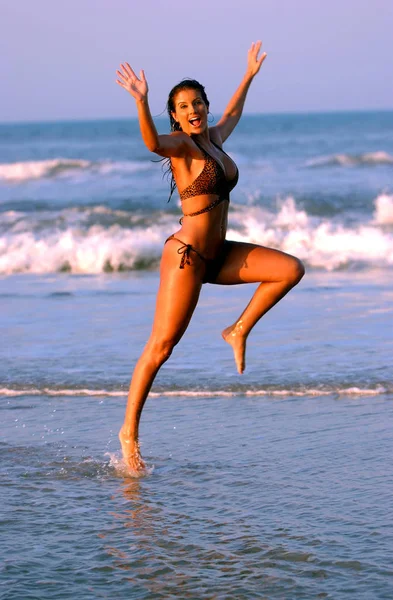 有名人モデル ウェンディ Meece 大西洋フロリダ デイトナビーチ海側砂やリラックスの黄金の光で青い暖かい波と岩夜の太陽降り注ぐトリム フィット運動実行とダンスを再生 夕日の照明 — ストック写真