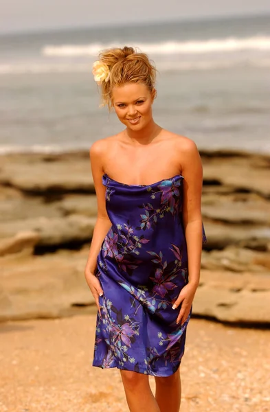 Happy Stunning Blonde Posing Cute Blue Flowered Lingerie Daytona Beach — Stock Photo, Image