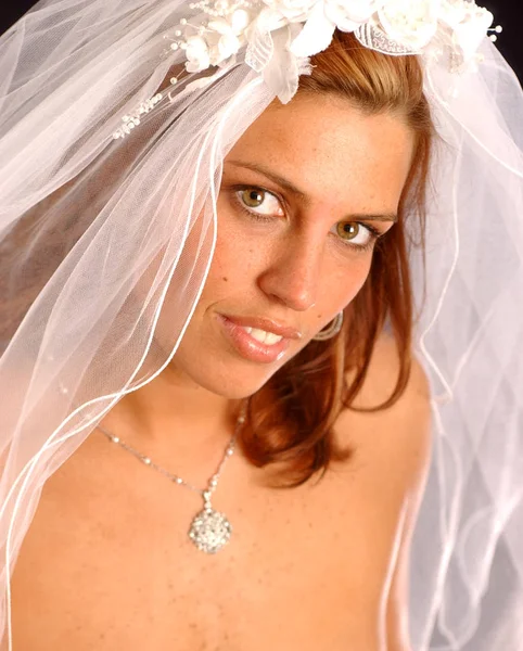 White wedding veil on cute brunette