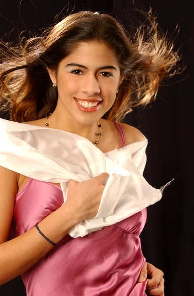 Adorable Cute Pink Satin Slip White Shiny Satin Scarf Models — Zdjęcie stockowe