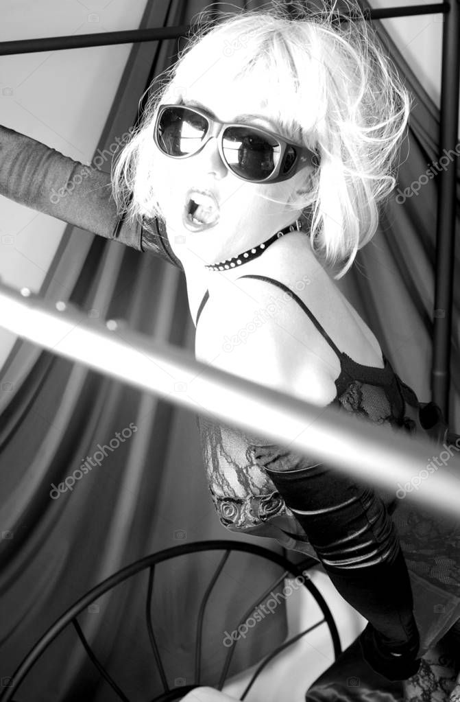 Blue wig wild child with huge sunglasses - monochromatic - black and white