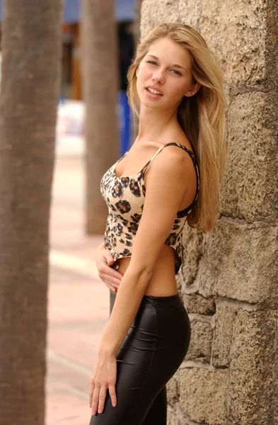 Top Sin Mangas Estampado Leopardo Pantalones Cuero Caliente Bonita Rubia —  Fotos de Stock