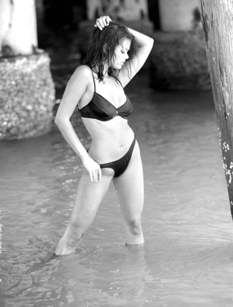 Bikini Negro Escaso Posando Lado Del Mar Monocromo Atractiva Dama — Foto de Stock