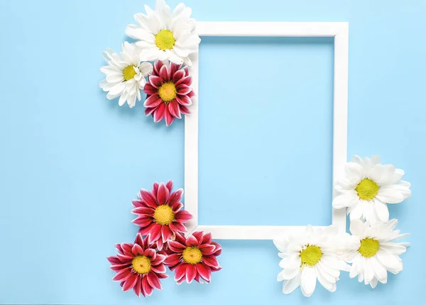 Mockup square white frame with white and red flowers on blue background. View top. Messege or invitation card mock-up concept. flower layut. copy space for text.