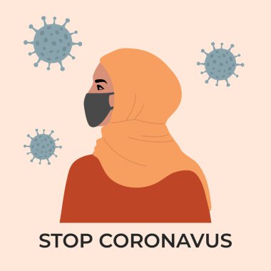 Siyah koruyucu maskeli genç Arap kız. Coronavirus, covid-19. Sarı arka planda mavi virüs. El çizimi vektör çizimi, izole edilmiş
