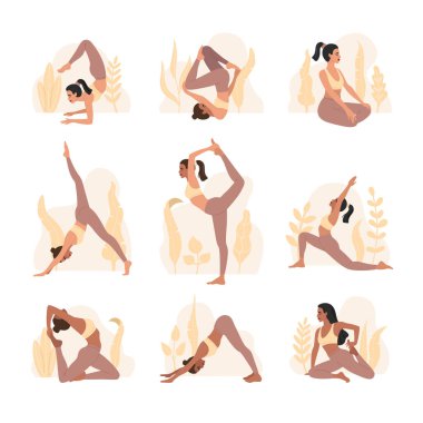 Yoga yapan bir grup genç kız, 9 farklı asana koleksiyonu pozu. Renkli vektör, düz illüstrasyon, beyaz arkaplanda izole.