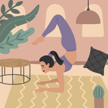 Genç ve güzel bir kız, rahat evinde yoga yapıyor. Her sabah rutin ve alışkanlıklar. Sancak illüstrasyonu için el çizimi vektör şablonu, arkaplanda izole