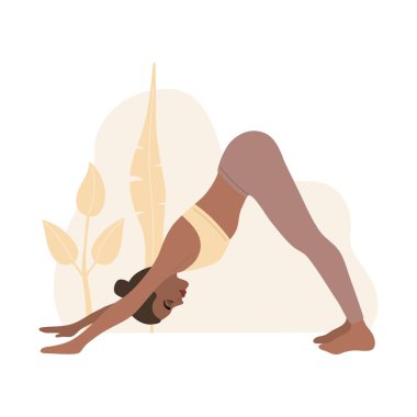 Temel asana, köpek yüzükoyun poz veren genç kız, açık havada yoga egzersizleri. El çizimi vektör çizimi, düz çizgi film tarzında, beyaz arkaplanda izole edilmiş..