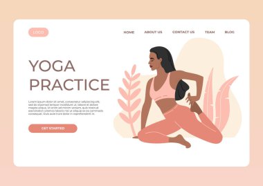 Şablon iniş sitesi tasarım sayfası, açık hava yogası, Asana pozları, sağlıklı yaşam tarzı ve alışkanlıkları olan genç bir kız. El çizimi vektör çizimi, modaya uygun düz çizgi film tarzında, pembe arka planda izole edilmiş.