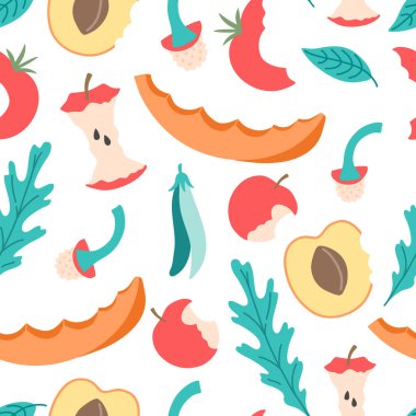 Kompakt desenli, düz çizgi film tarzında sebze ve meyve. Elle çizilmiş organik atık elma çekirdeği, domates, biber, muz kabuğu, yaprak. Beyaz arkaplanda izole edilmiş vektör illüstrasyonu