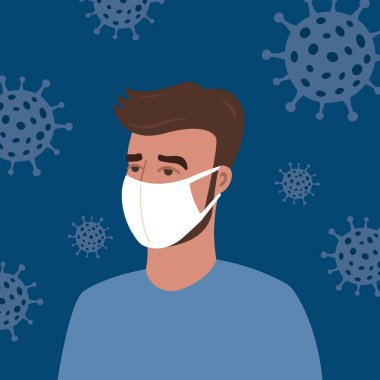 Beyaz korumalı yüz maskeli, arka planda virüs olan bir adamın portresi. Coronavirus, covid-19. Koyu mavi arkaplanda izole edilmiş vektör illüstrasyonu. 