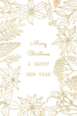 Altın bitkilerle dolu Mutlu Noeller, dikey tebrik kartı. Poinsettia, çoban üzümü, çam kozalağı ve defne çizgisi tarzı, izole beyaz arka planda modern plaket