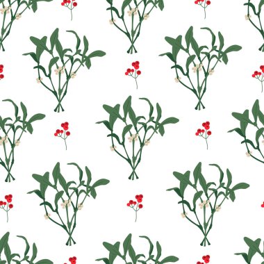 Noel desensiz, ökseotu ve kutsal dut düz çizgi film tarzıyla, yeni yıl için modern süsleme, siyah arka planda süsleme.