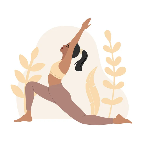 Genç sporcu kız dışarıda yoga egzersizleri yapıyor, yerde bitkiler. Vektör illüstrasyonu, düz çizgi film modern tarzında, beyaz arkaplanda izole edilmiş..