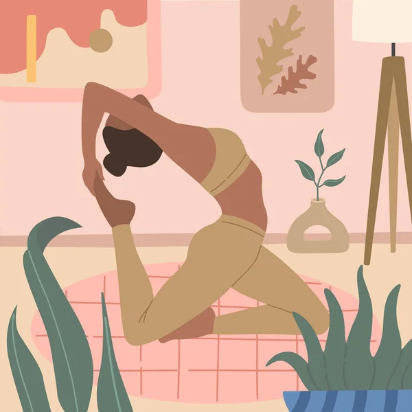 Genç bir kız evinde İskandinav tarzı oturma odasında yoga yapıyor. Asana 'nın evde poz vermesi, vektör illüstrasyonunun modern elle çizilmiş düz stili