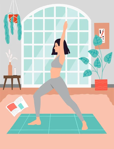 Chica Joven Está Pie Pose Yoga Chica Realiza Ejercicios Ilustración — Archivo Imágenes Vectoriales