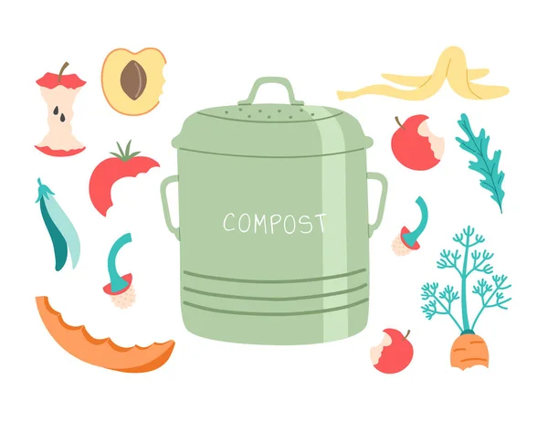 Kompostbehälter Mit Gemüse Und Obstkern Auf Weißem Hintergrund Biomüll Konzept — Stockvektor