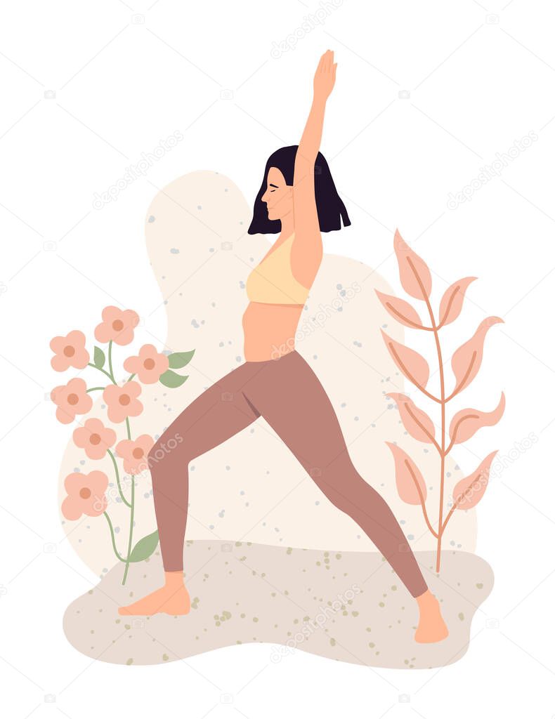 Young girl standing in yoga pose. Healthy habits and morning routine outdoor. Hand drawn vector illustration in modern trendy flat style