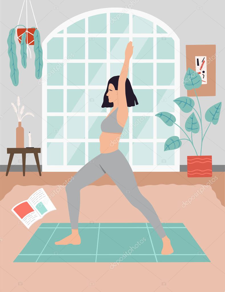 Young girl is standing in yoga pose. Girl performs exercises. Vector illustration, graphic design. Flat style. Room with flowers 