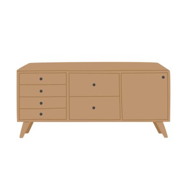 İskandinav tarzı, kahverengi, rahat bir daire için tahta çekmeceler. Şık bir ev için el yapımı mobilyalar. Modern ev dekorasyonu. Beyaz arkaplanda izole edilmiş vektör illüstrasyonu. 