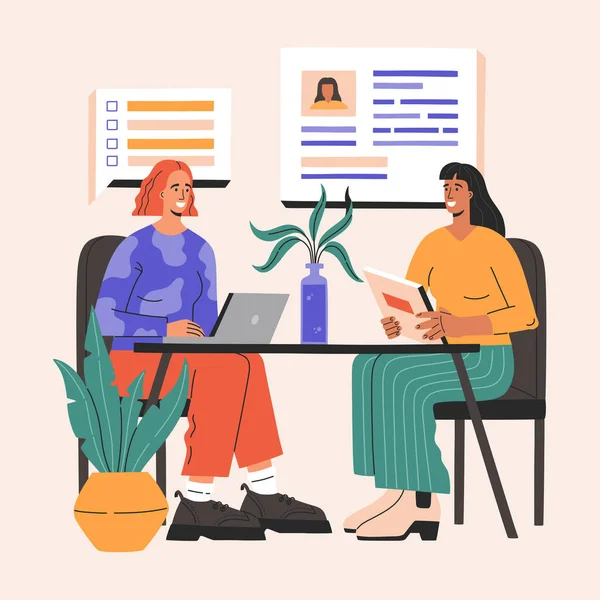 Entrevista Trabajo Dos Mujeres Felices Tienen Reclutador Conversación Negocios Con — Archivo Imágenes Vectoriales