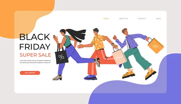 Kara Cuma etkinlik web sitesi ilanına, süper satış alışverişine, özel fiyata, ticari iniş sayfası şablonuna, modern poster çerçevesine, çevrimiçi tanıtım kavramına, vektör ilüstrasyonuna koşan bir sürü insan..