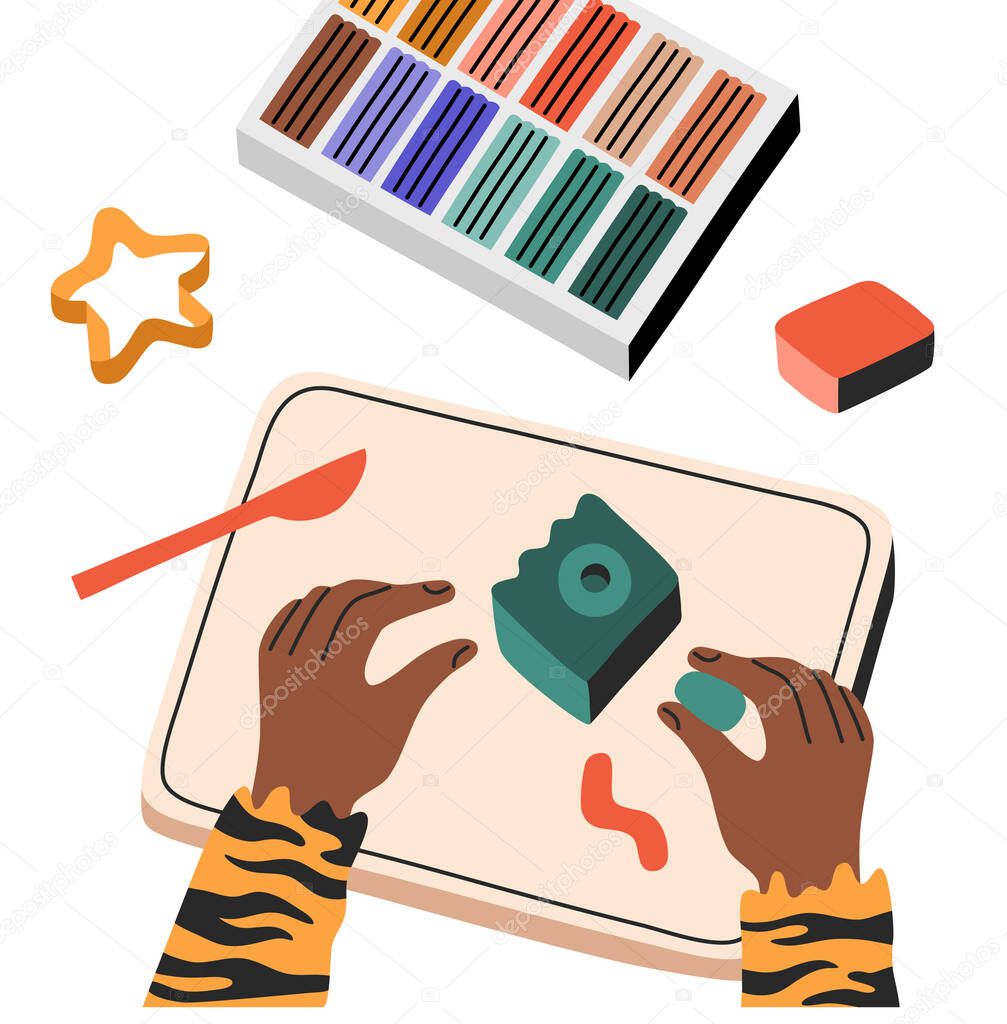 Kid sculpts from plasticine, art process, creative workshop, educational courses for children, top view. Hand drawn illustration in modern cartoon flat style, isolated on white background. 