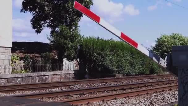 铁路上的障碍物在火车前面降低了 降低障碍物的近视 — 图库视频影像
