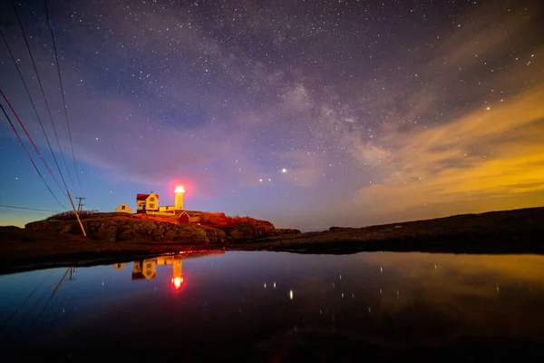 Milky way over the lighthouse on the ocean.