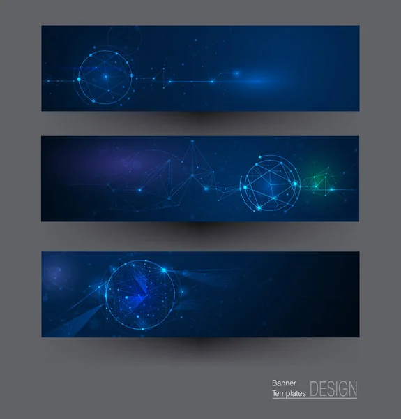 Ensemble Bannières Illustration Molécules Abstraites Avec Cercles Lignes Géométrique Polygone — Image vectorielle