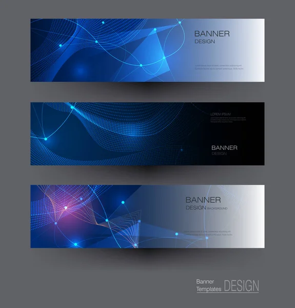 Set Banners Ilustración Moléculas Abstractas Con Círculos Líneas Geométrico Polígono — Vector de stock