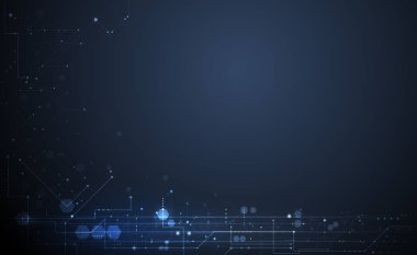 Resimde arka plan, devre kartı veya anakart. Vektör tasarımı için soyut teknoloji, iletişim, fütüristik. Merhaba teknoloji dijital kavramı koyu mavi zemin üzerine