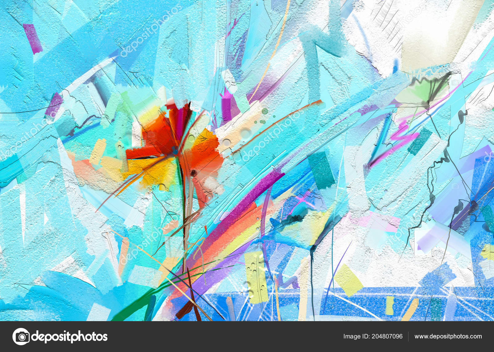抽象画 青と赤 抽象的なカラフルな油彩画キャンバス 緑と青と赤の花の半抽象的なイメージ 手描画ブラシ ストローク 油の色の絵 現代美術油絵の背景—  ストックイラストレーション by © Nongkran_ch #204807096, image size:1600x1140