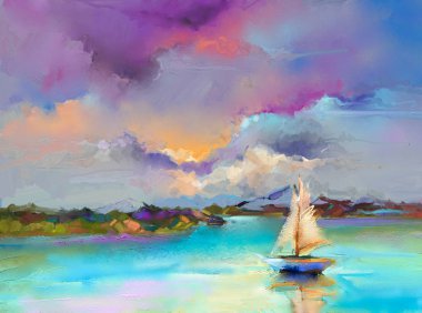 Tuval dokusunda renkli yağlı boya tablosu. Deniz manzaralı resimlerin güneş ışığı arkaplanındaki izlenimciliği. Tekneli modern sanat eserleri, denizde yelken açmak. Arkaplan için soyut çağdaş sanat