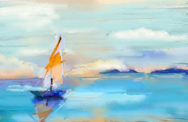 Tuval dokusunda renkli yağlı boya tablosu. Deniz manzaralı resimlerin güneş ışığı arkaplanındaki izlenimciliği. Tekneli modern sanat eserleri, denizde yelken açmak. Arkaplan için soyut çağdaş sanat