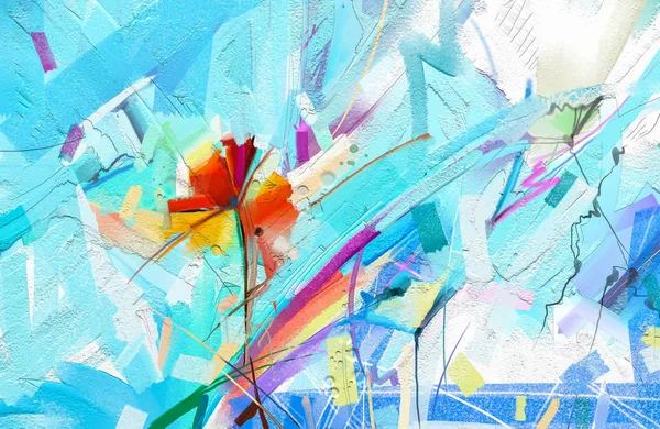 抽象的なカラフルな油彩画キャンバス 緑と青と赤の花の半抽象的なイメージ 手描画ブラシ ストローク 油の色の絵 現代美術油絵の背景 — ストック写真