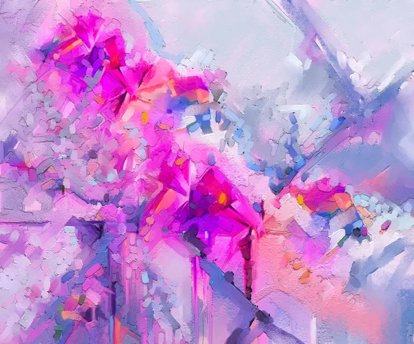 抽象的なカラフルな油彩画キャンバス 黄色ピンクと青と赤の花の半抽象的なイメージ 手描画ブラシ ストローク 油の色の絵 現代美術油絵の背景 — ストック写真
