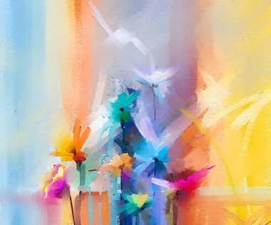 Soyut renkli yağlı boya tuval üzerine. Çiçek, sarı ve kırmızı mavi renk ile yarı-soyut resim. Elle çizilmiş fırça darbesi, petrol renk resim sergisi. Modern Sanat yağlıboya tablolar arka planı için