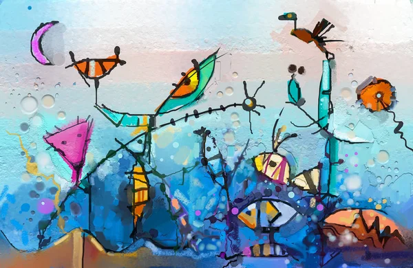 Abstrakcja Fantasy Kolorowy Obraz Olejny Semi Streszczenie Dzieci Drzewa Ryb — Zdjęcie stockowe