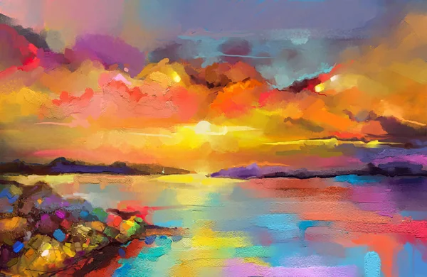 カラフルな油絵キャンバスの質感 日光背景の海の風景絵画の印象派のイメージ 海とビーチに沈む夕日のモダンアートの油彩画 抽象的な現代美術 — ストック写真