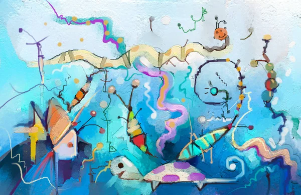 Abstrakcja Fantasy Kolorowy Podwodny Obraz Olejny Semi Streszczenie Dzieci Drzewa — Zdjęcie stockowe
