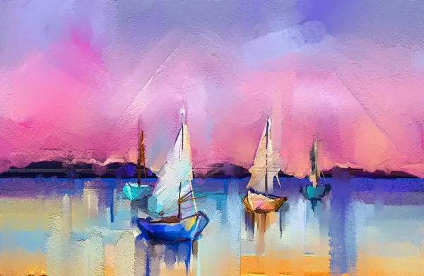 キャンバス地にカラフルな油絵具 日光を背景にした海景画の印象的なイメージ ボートで現代美術の油絵 海に帆 抽象現代美術の背景 — ストック写真