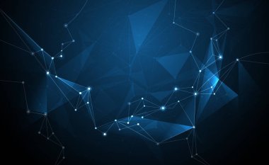 Vektör 3d çizim geometrik, Çokgen, çizgi, molekül yapısı ile üçgen desen şekli. Koyu mavi arka plan ile poligonal. Soyut, fütüristik, ağ bağlantı kavramı