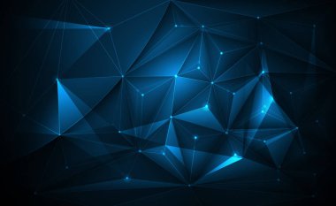 Vektör 3d çizim geometrik, Çokgen, çizgi, molekül yapısı ile üçgen desen şekli. Koyu mavi arka plan ile poligonal. Soyut, fütüristik, ağ bağlantı kavramı