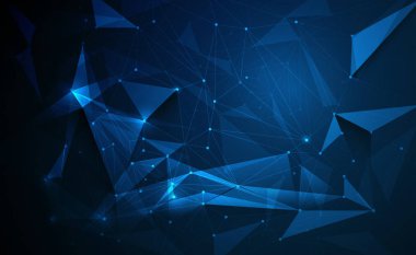 Daireler, çizgiler, geometrik, çokgen, illüstrasyon soyut moleküller üçgen desen. Vektör tasarım ağ iletişim teknolojisi koyu mavi zemin üzerine. Dijital futuristik bilim teknoloji kavramı