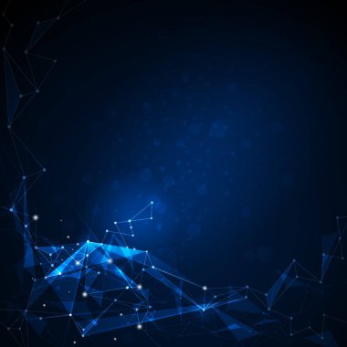 Çizgiler, geometrik, Çokgen, üçgen desen illüstrasyon soyut moleküller. Vektör tasarım ağ iletişim teknolojisi koyu mavi zemin üzerine. Dijital futuristik bilim teknoloji kavramı