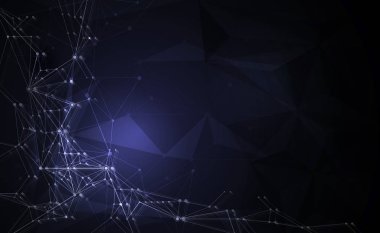 Daireler, çizgiler, geometrik, çokgen, illüstrasyon soyut moleküller üçgen desen. Vektör tasarım ağ iletişim teknolojisi koyu mavi zemin üzerine. Dijital futuristik bilim teknoloji kavramı