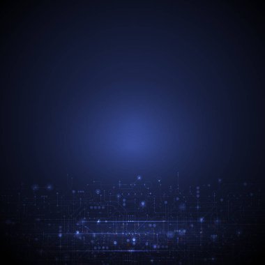 Vektör illüstrasyon devre kartı ve altıgen arka plan. Yüksek teknoloji dijital teknoloji ve mühendislik, dijital telekom teknolojisi kavramı. Koyu mavi arka planda soyut gelecek vektörü