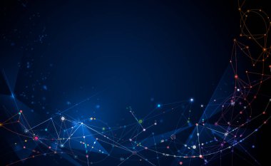 Daireler, çizgiler, geometrik, çokgen, illüstrasyon soyut moleküller üçgen desen. Vektör tasarım ağ iletişim teknolojisi koyu mavi zemin üzerine. Dijital futuristik bilim teknoloji kavramı